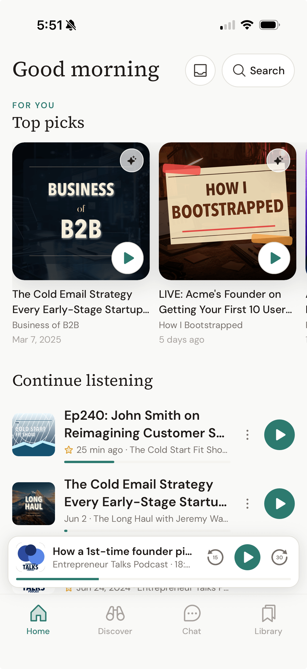Visor home: personalized Top picks, Continue listening, and the mini player, with fictional shows Business of B2B and How I Bootstrapped.