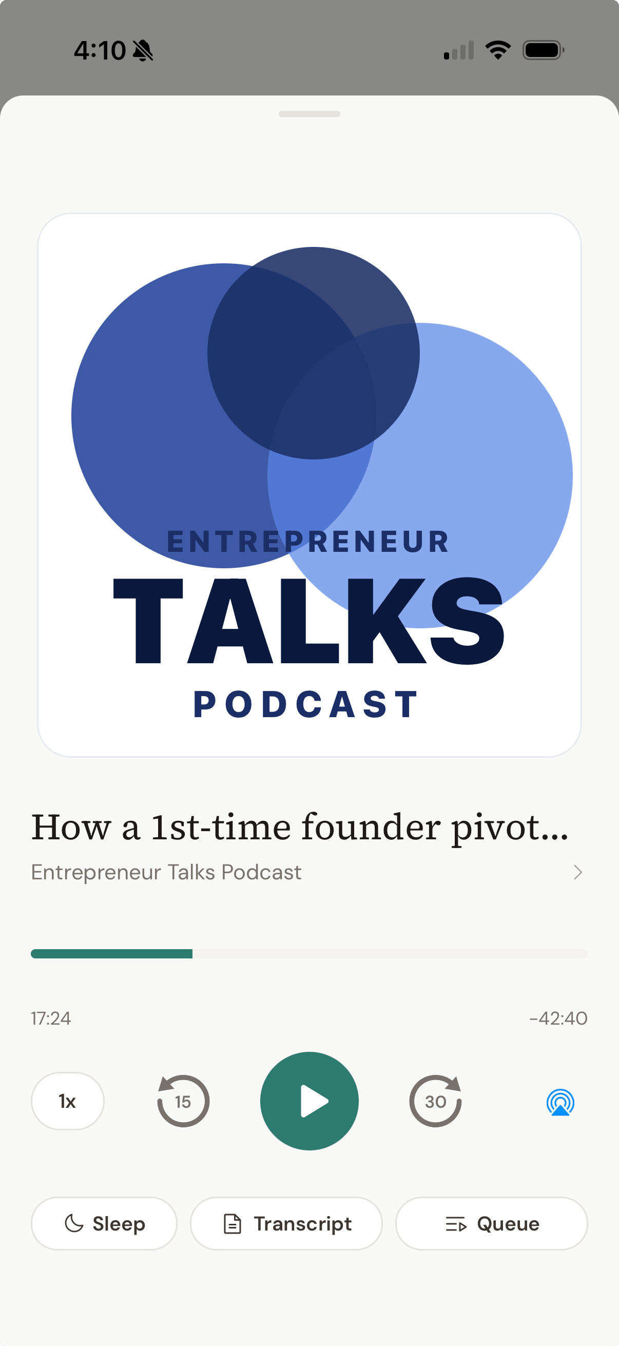 Visor player: Entrepreneur Talks Podcast, with playback speed, seek controls, sleep timer, transcript, and queue.
