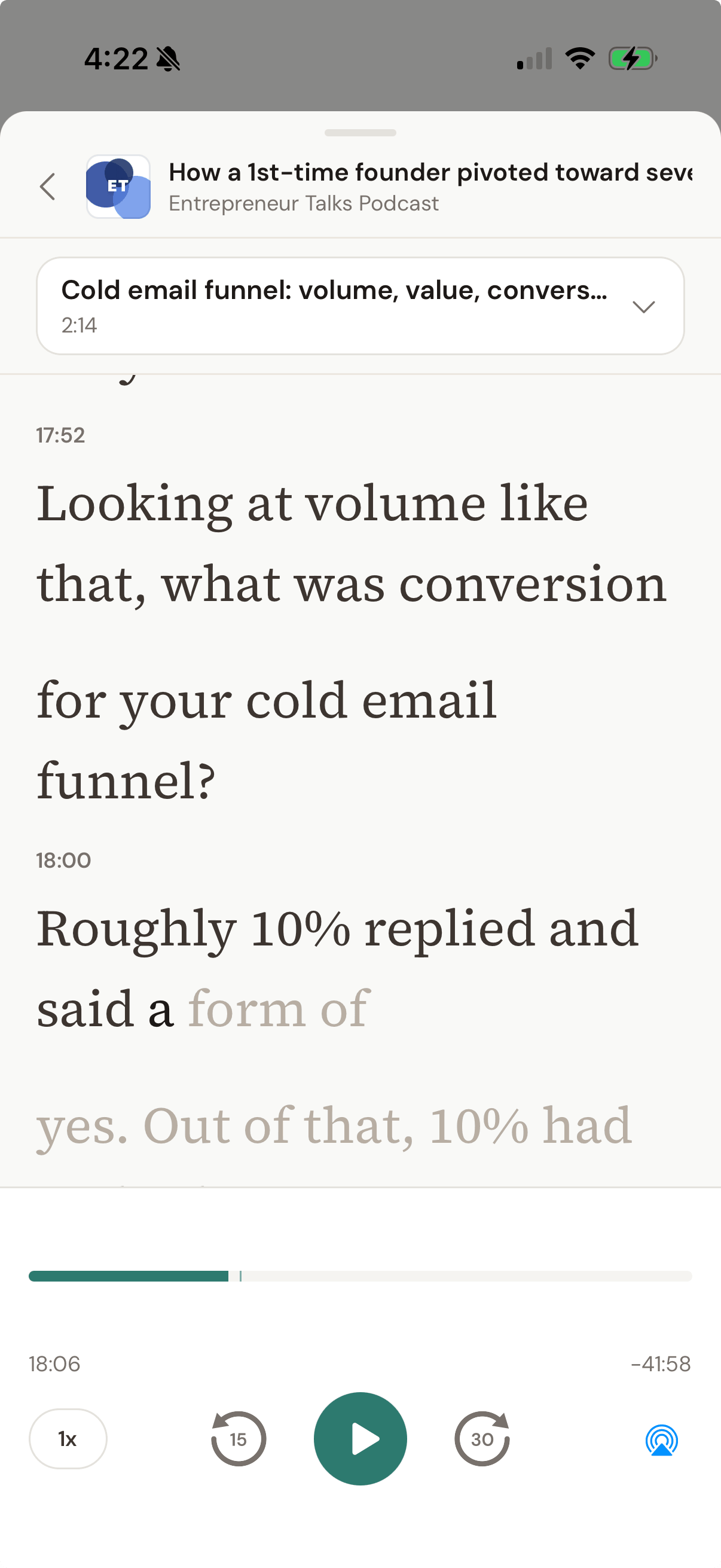 Visor transcript: timestamped text about a cold email funnel, with the chapter selector and playback controls.