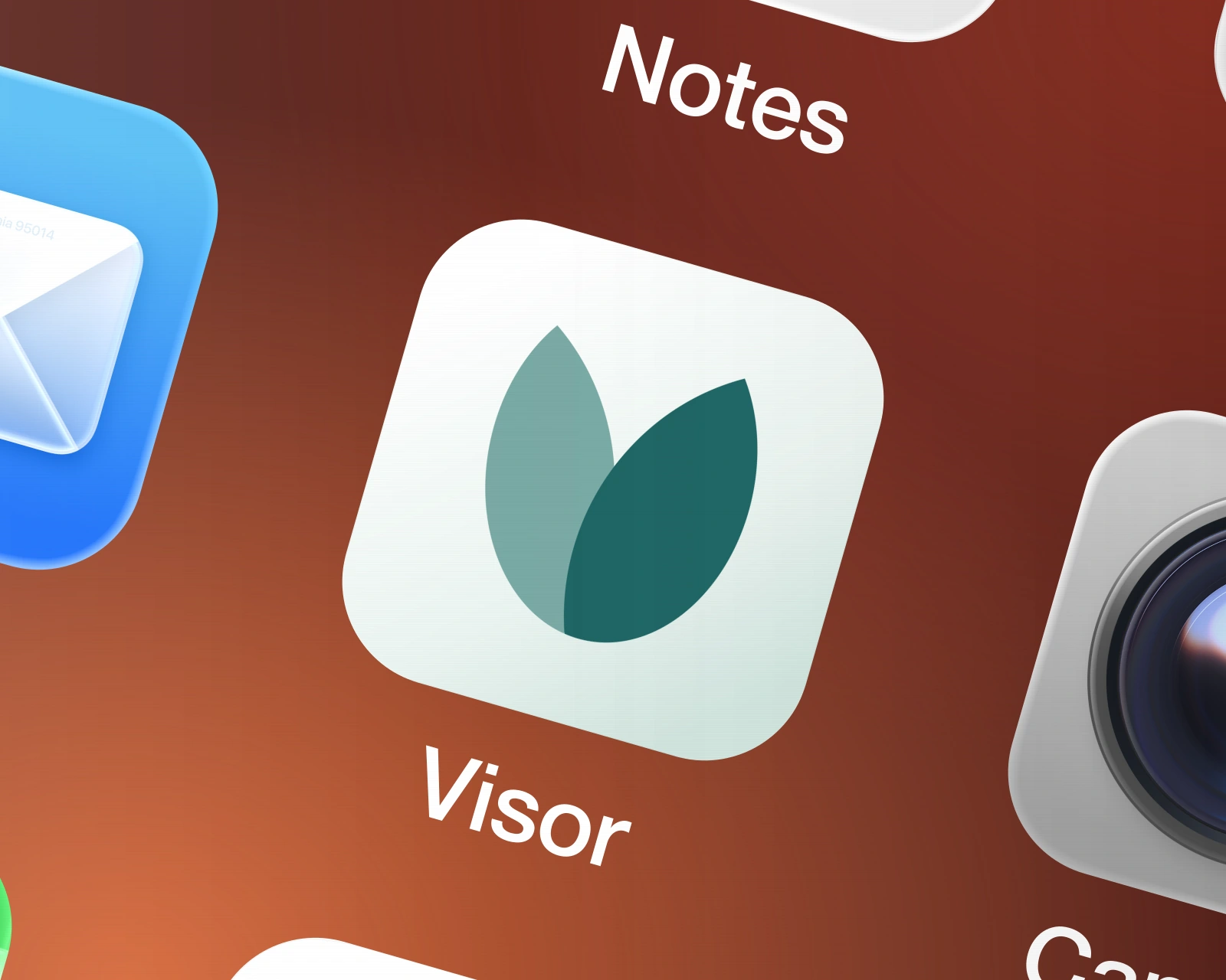 Close-up of a tilted phone screen, with a large Visor icon surrounded by Apple apps